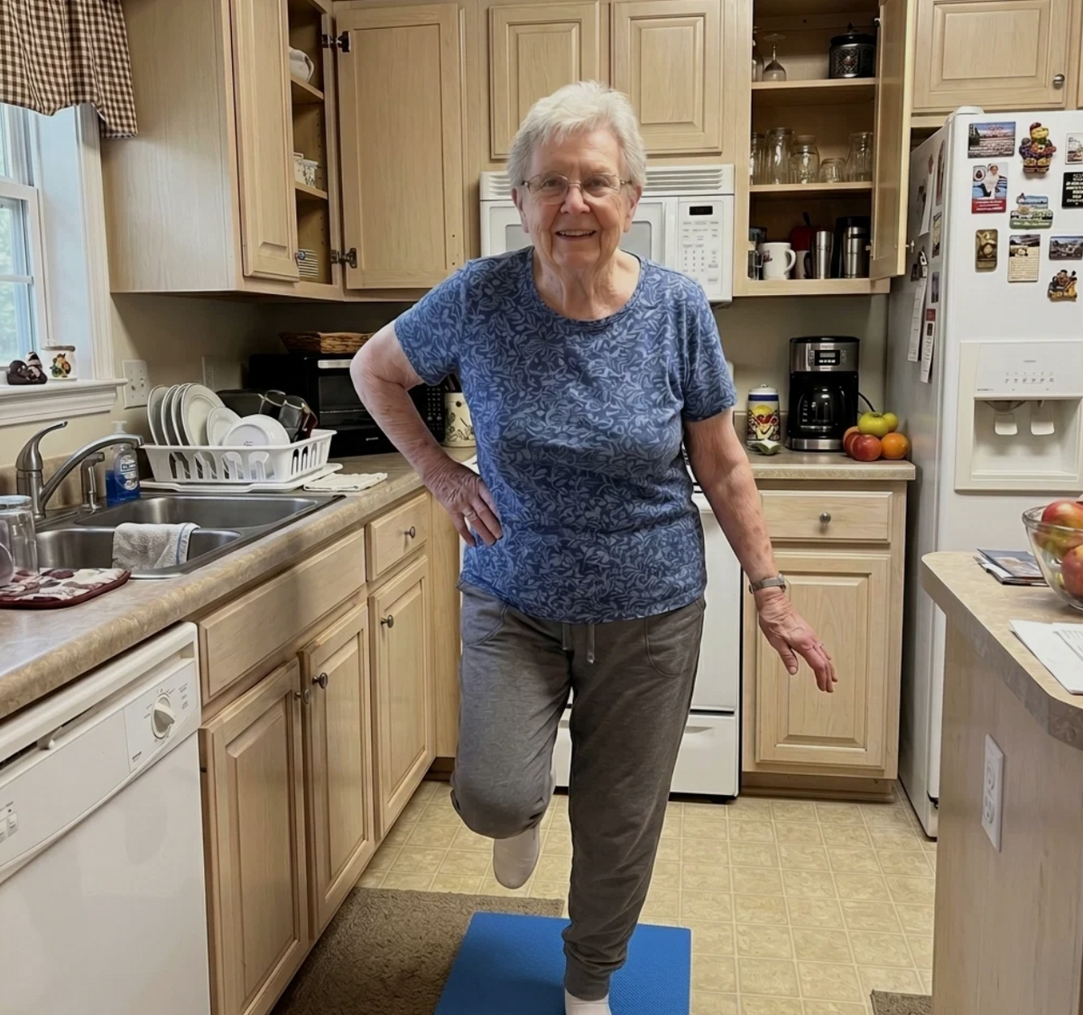 Senior standing on the Strongr Step balance pad