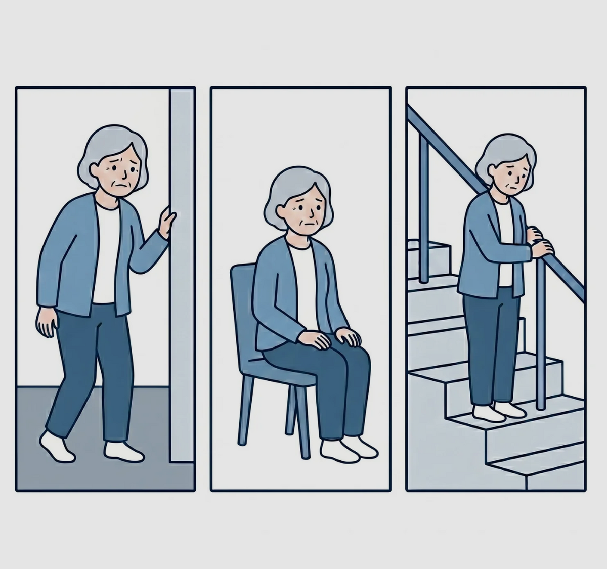 Person walking cautiously while holding a railing