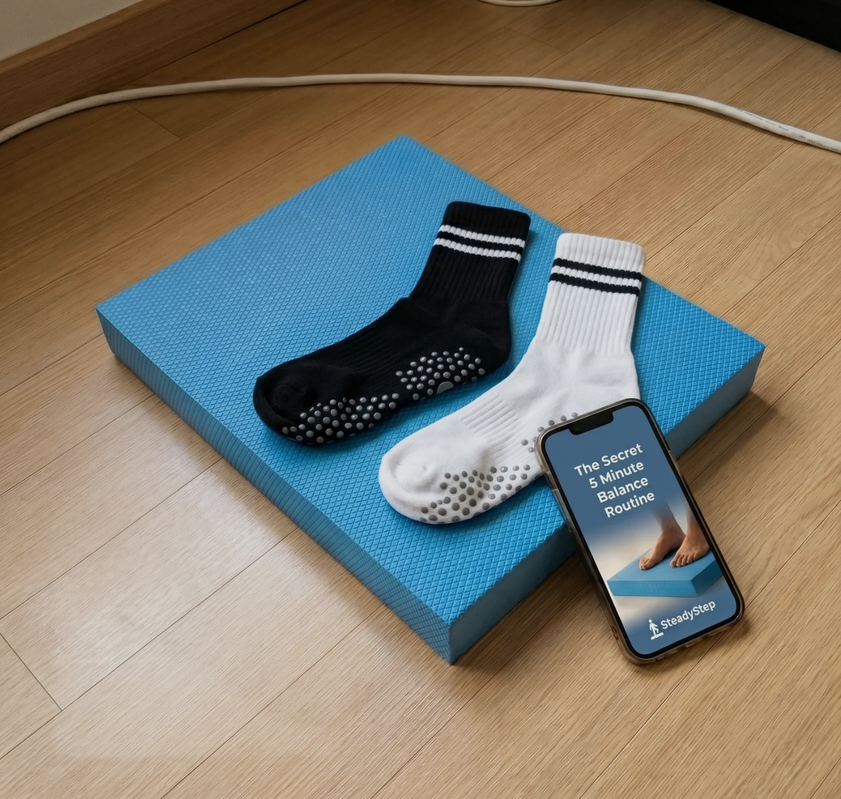 Strongr Step balance pad, grip socks and routine guide