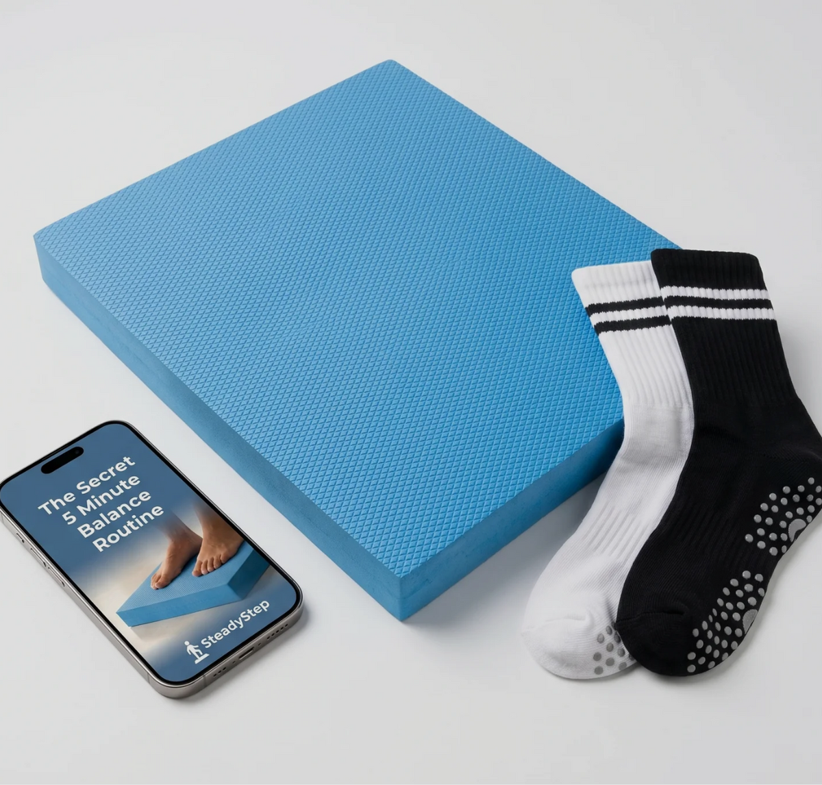 Strongr Step balance pad, grip socks and routine guide